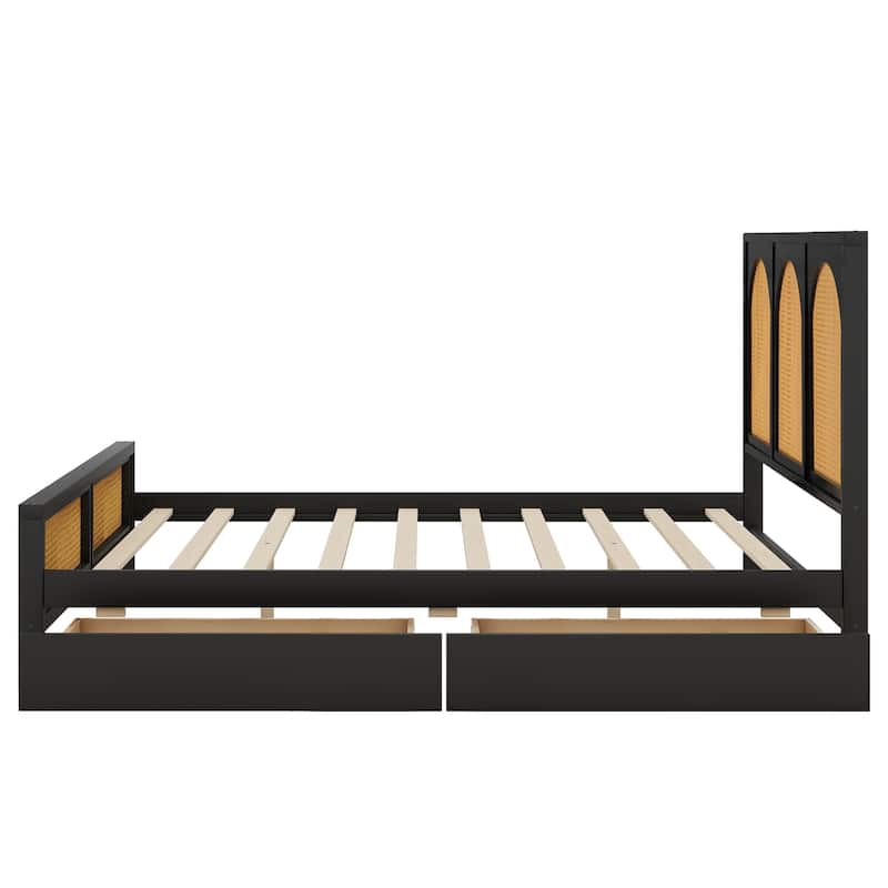 Queen Size Wood Platform Bed with Rattan Headboard, Footboard, and Storage Drawers