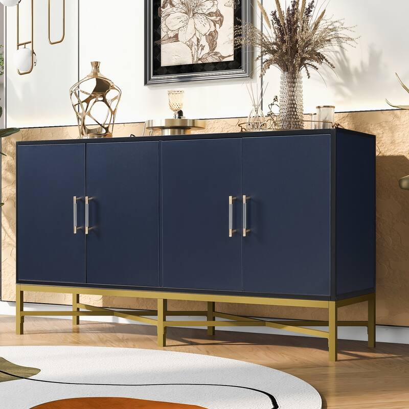 Modern Four-Door Sideboard with Metal Frame and Cross-Leg Base, Ideal for Living Room or Study