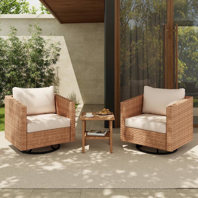 3-piece Cushioned Patio Wicker Swivel Chairs Set with Side Table Outdoor Armchair Sofa Set - Teak Brown&Beige