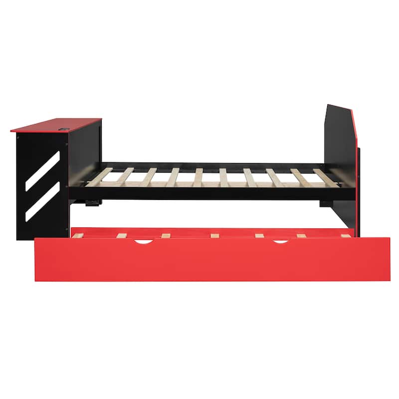 Esports & Work Daybed Full Size Platform Bed for Teens with Twin Size Trundle, Built-in Desk, USB Ports and Cable Management