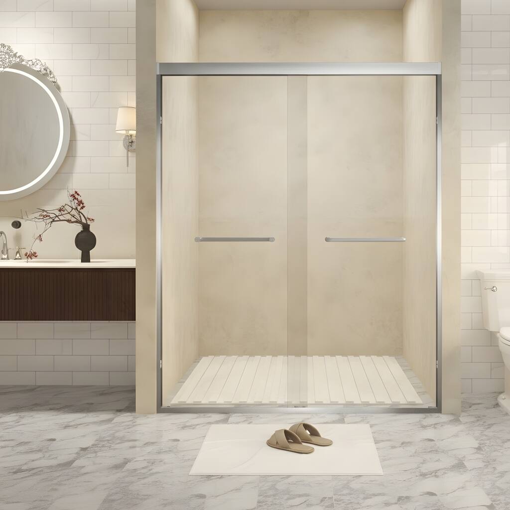 Tempered glass (with safety film), aluminum-framed double-sliding shower door, 1/4 inch (6 mm) thick, stainless steel handle