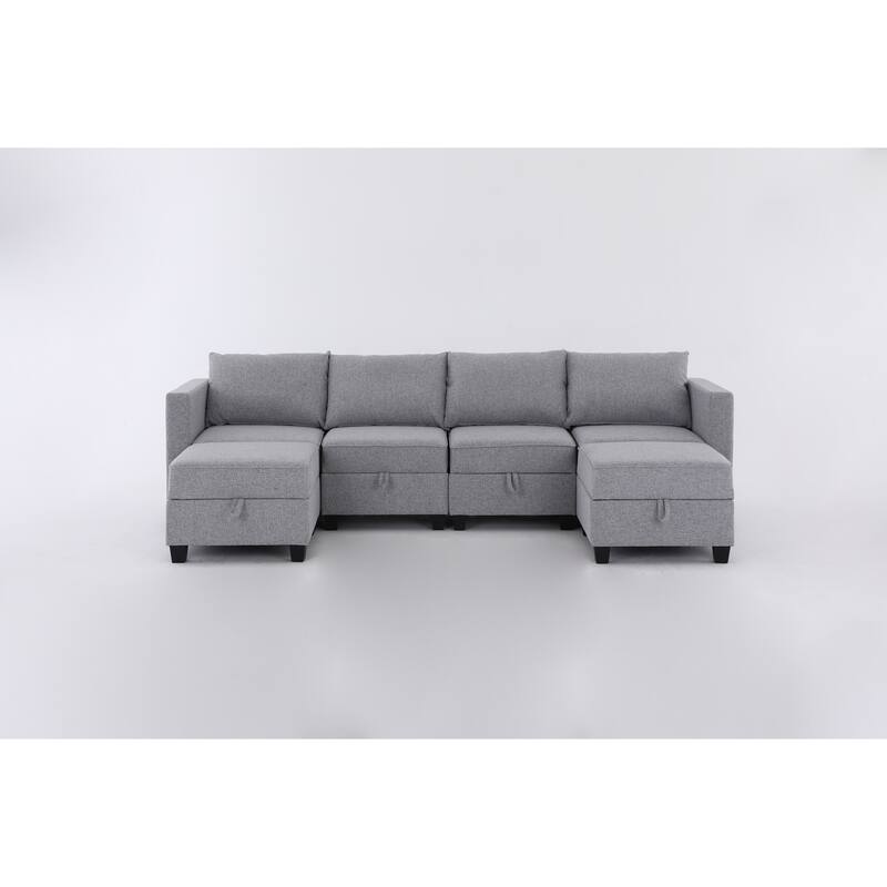 110.3" Burlap Modular U-Shaped 6-Seater Sectional Sofa with Reversible Chaise, Built-in Storage and Convertible Design