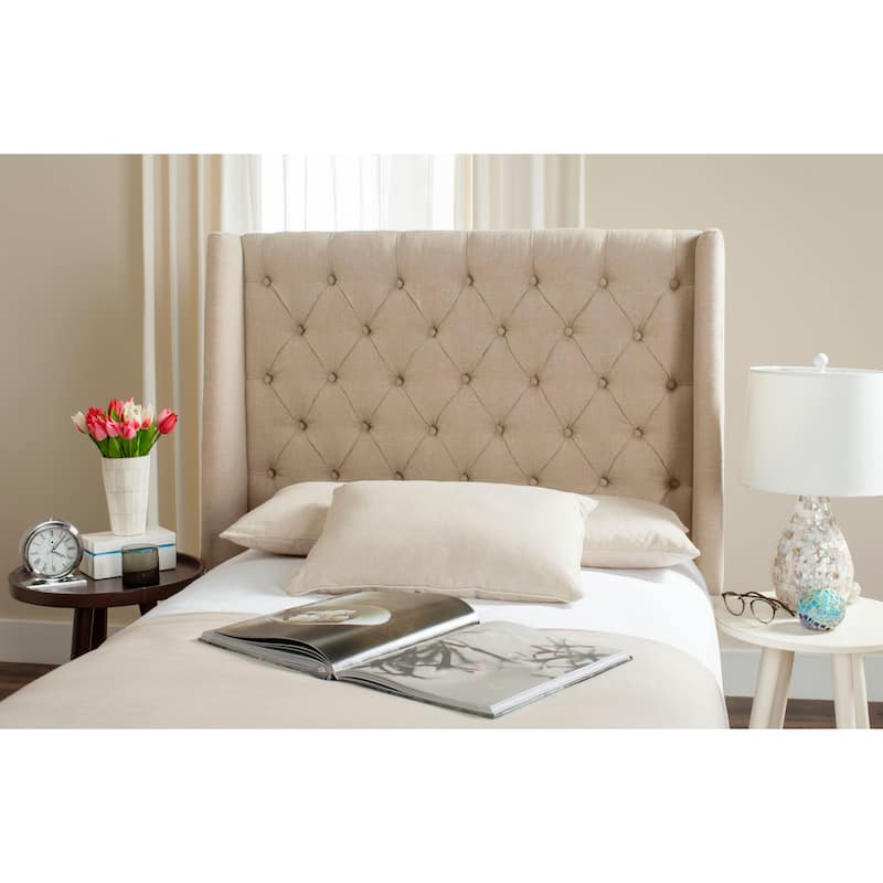 SAFAVIEH Shandra Taupe Linen Upholstered Tufted Wingback Headboard (Full)