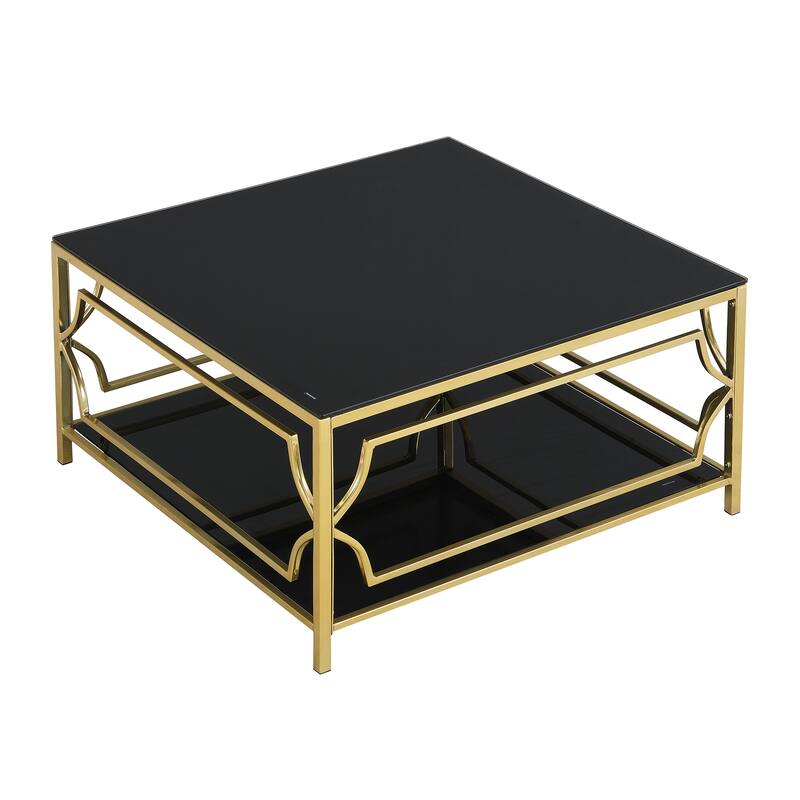 Luxe Square Glass Coffee Table with Geometric Gold Frame & Lower Display Shelf by Harper&Bright Designs