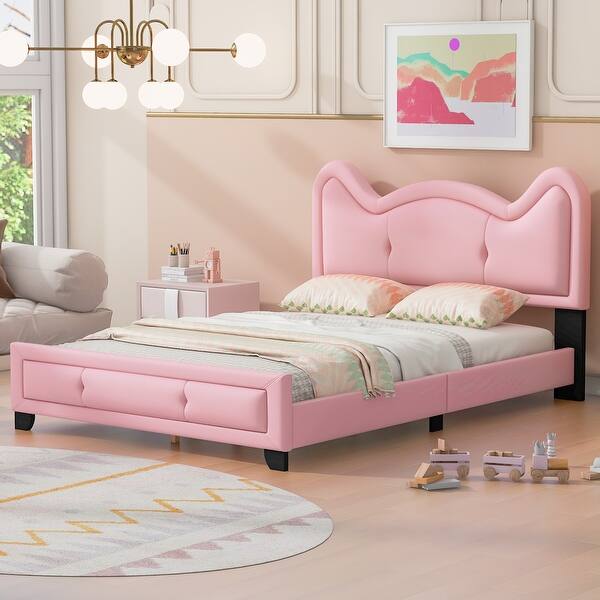 slide 2 of 14, Full Size Upholstered Platform Bed With Carton Ears Shaped Headboard