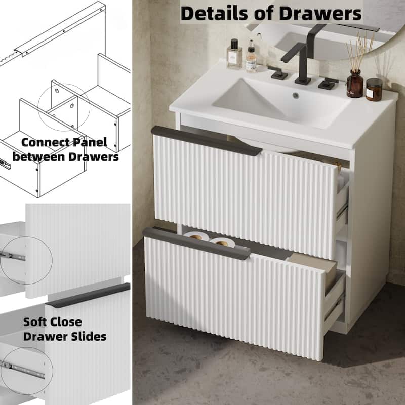 Roomfitters 30" Bathroom Vanity with Ceramic Sink, Full-Extension Soft-Close storage units and Fluted Design