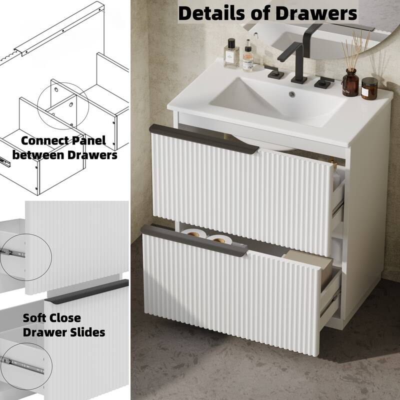 Vertical Grooves Bathroom Cabinet Storage Vanity with Ceramic Sink, Full-Extension Split Drawers and Soft Close Drawer Slides