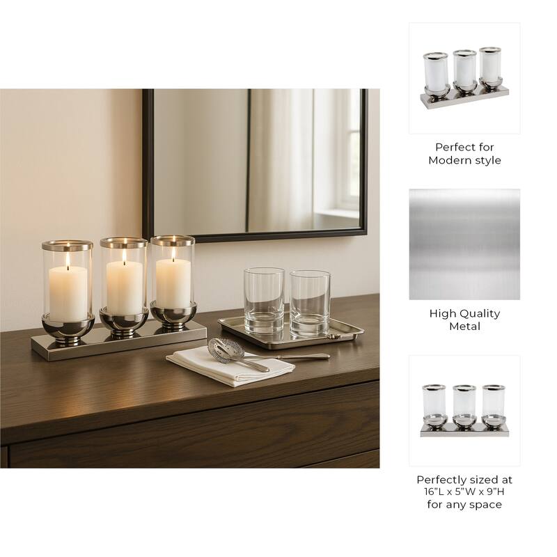 Candle Holder - Silver Metal 3-Candle Centerpiece, 16" - 16.0"