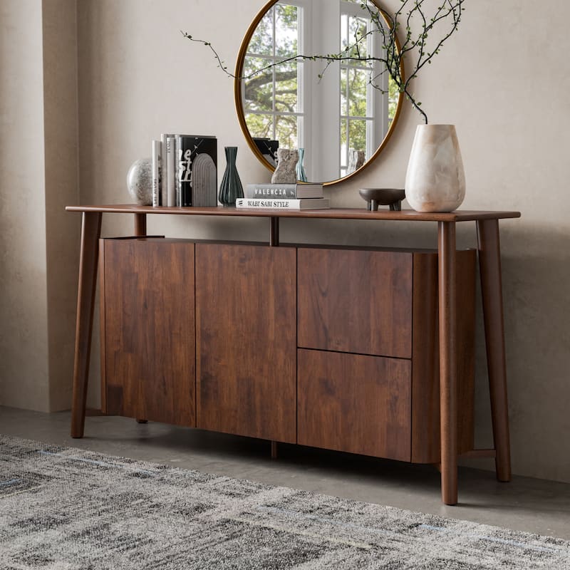 Furniture of America Abigail VI Mid-Century Modern Walnut Solid Wood Dining Server with Drawers and Shelves - Rich Walnut
