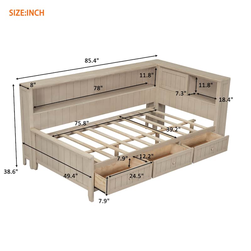 L-shaped Platform Bed Wood Daybed Frame with Side Storage Shelves and 2 Sliding Doors, 3 Drawers Under Bed, Antique White
