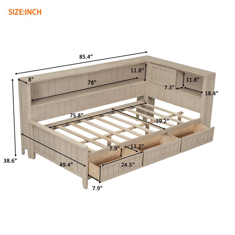 Twin Wood Daybed with Storage Shelves and 3 Drawers, Farmhouse Style, No Box Spring Required, and Space-Saving Design
