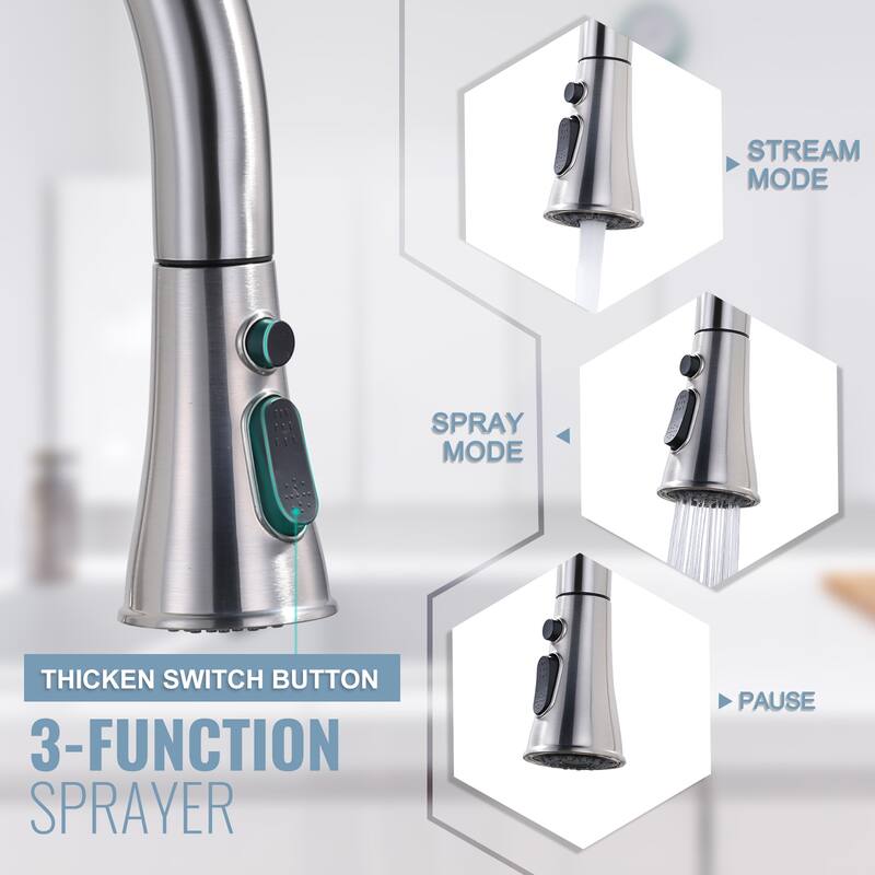WOWOW 3-Functions Single-Handle Pull Down Sprayer Kitchen Faucet