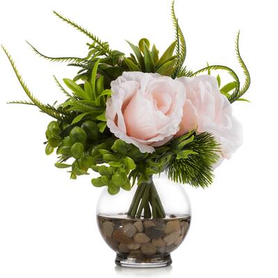 Enova Home Artificial Silk Pink Roses Fake Flowers and Mixed Eucalyptus Grasses in Clear Glass Vase with Faux Water for Decor