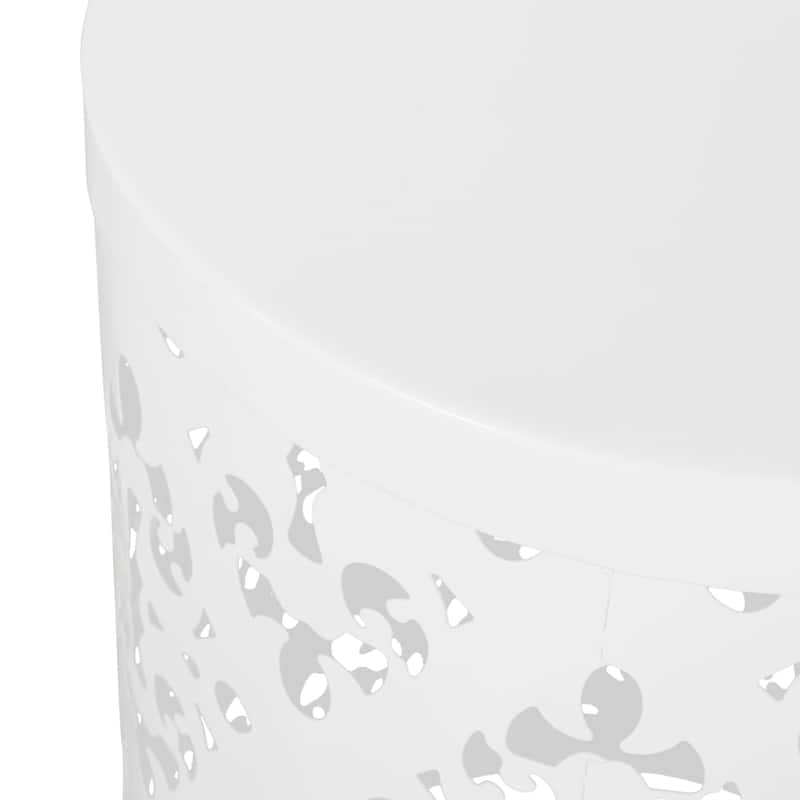 Kima Outdoor Side End Table, 14 Inch Round Floral Cutout Design, White