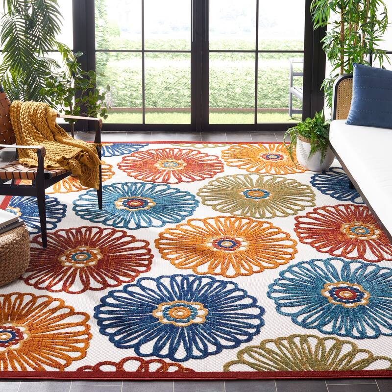 SAFAVIEH Cabana Rajni Indoor/ Outdoor Waterproof Patio Floral Rug - 9' x 12' - Creme/Red