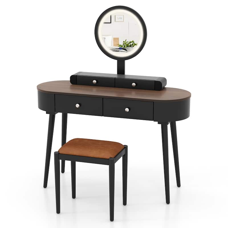 Costway Solid Wood Makeup Vanity Desk Set with LED Lighted Mirror