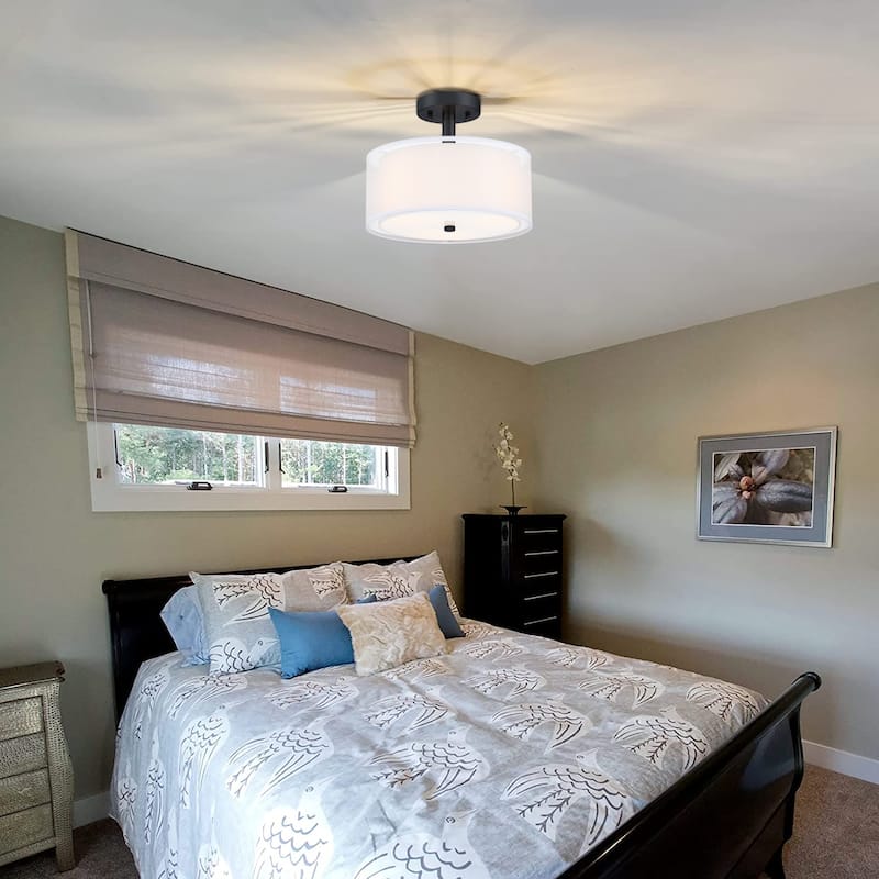 3-Light 11-in Matte Black Semi Flush Mount Light With Fabric Shade - 12-in