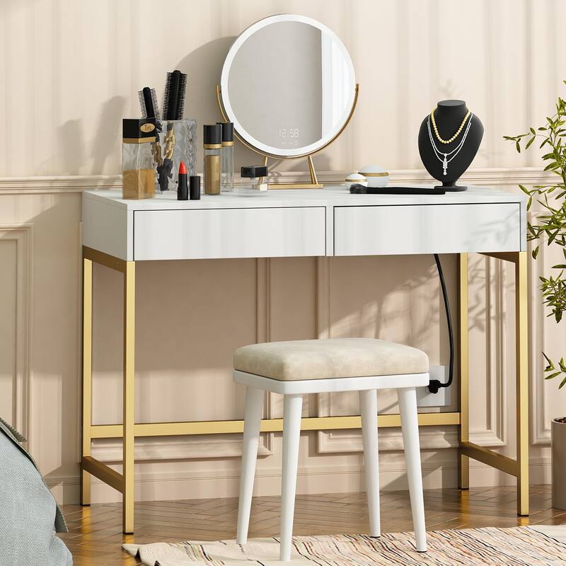 40" Charging Station Desk with 2 Outlets & 2 USB Ports - 2-Drawer Computer/Vanity Desk for Office or Bedroom - White+Gold