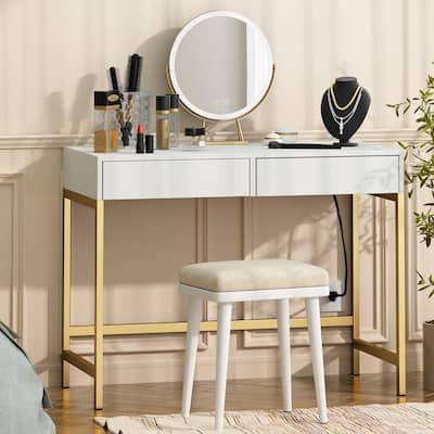 40" Charging Station Desk with 2 Outlets & 2 USB Ports - 2-Drawer Computer/Vanity Desk for Office or Bedroom