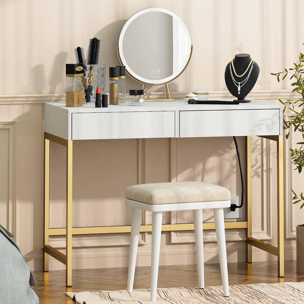 40" Charging Station Desk with 2 Outlets & 2 USB Ports - 2-Drawer Computer/Vanity Desk for Office or Bedroom