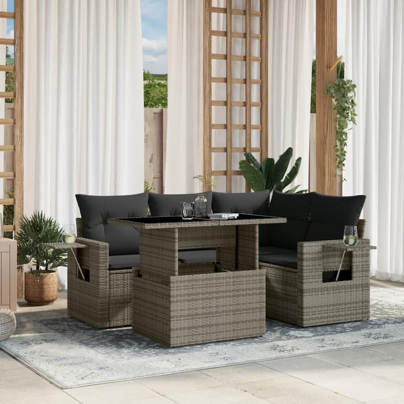 vidaXL Patio Sofa Set with Cushions Outdoor Furniture 5 Piece Poly Rattan - Grey-without storage - 21.7 x 39.4 x 28.7