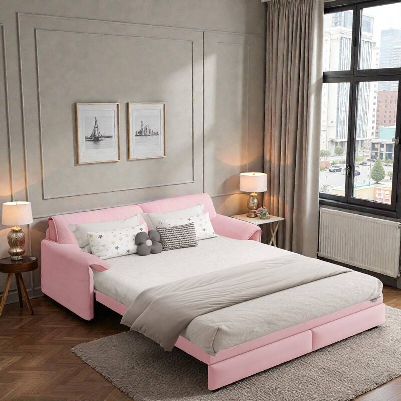 66" Pull Out Sofa Bed, 3-in-1 Convertible Queen Sleeper Sofa with Side Storage, Velvet Loveseat for Living Room Apartment
