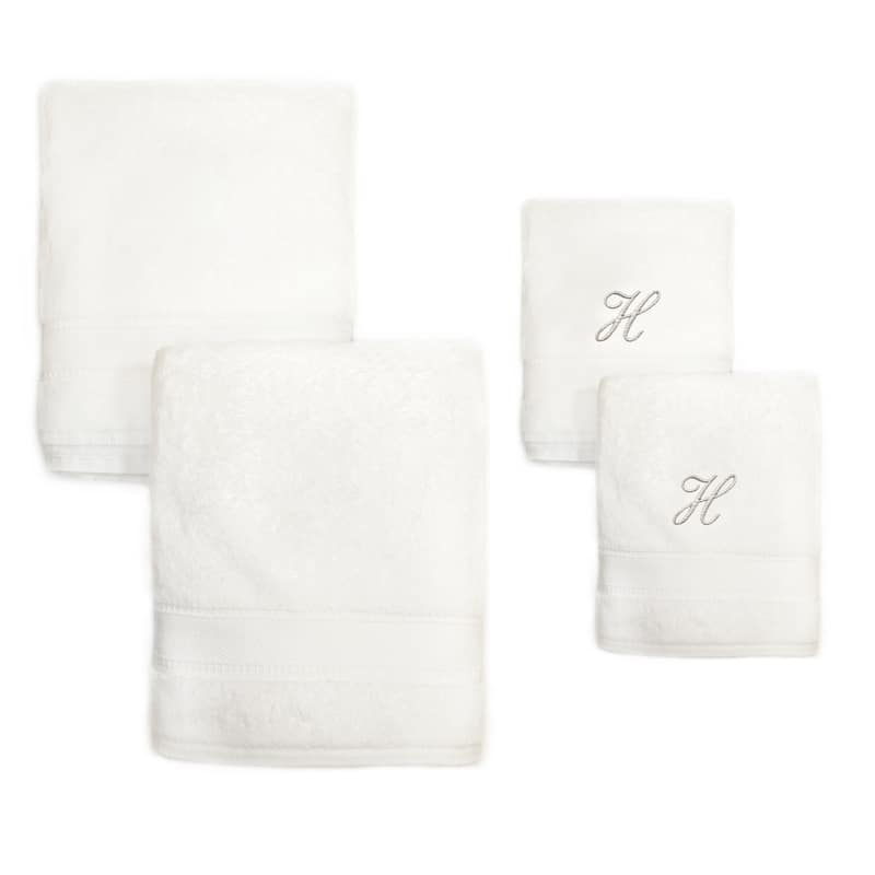 Authentic Hotel and Spa 4-piece White Turkish Cotton Towel Set with Silver Script Monogrammed Initial - White - H