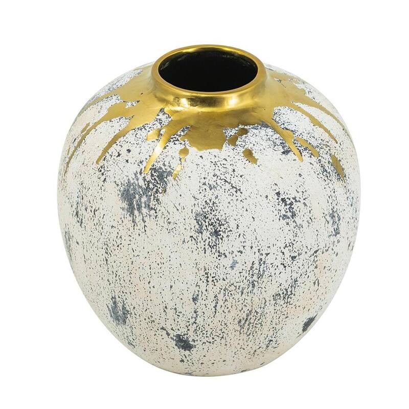 10" Ivory Gray And Gold Abstract Distressed Ceramic Round Table Vase - 9.80