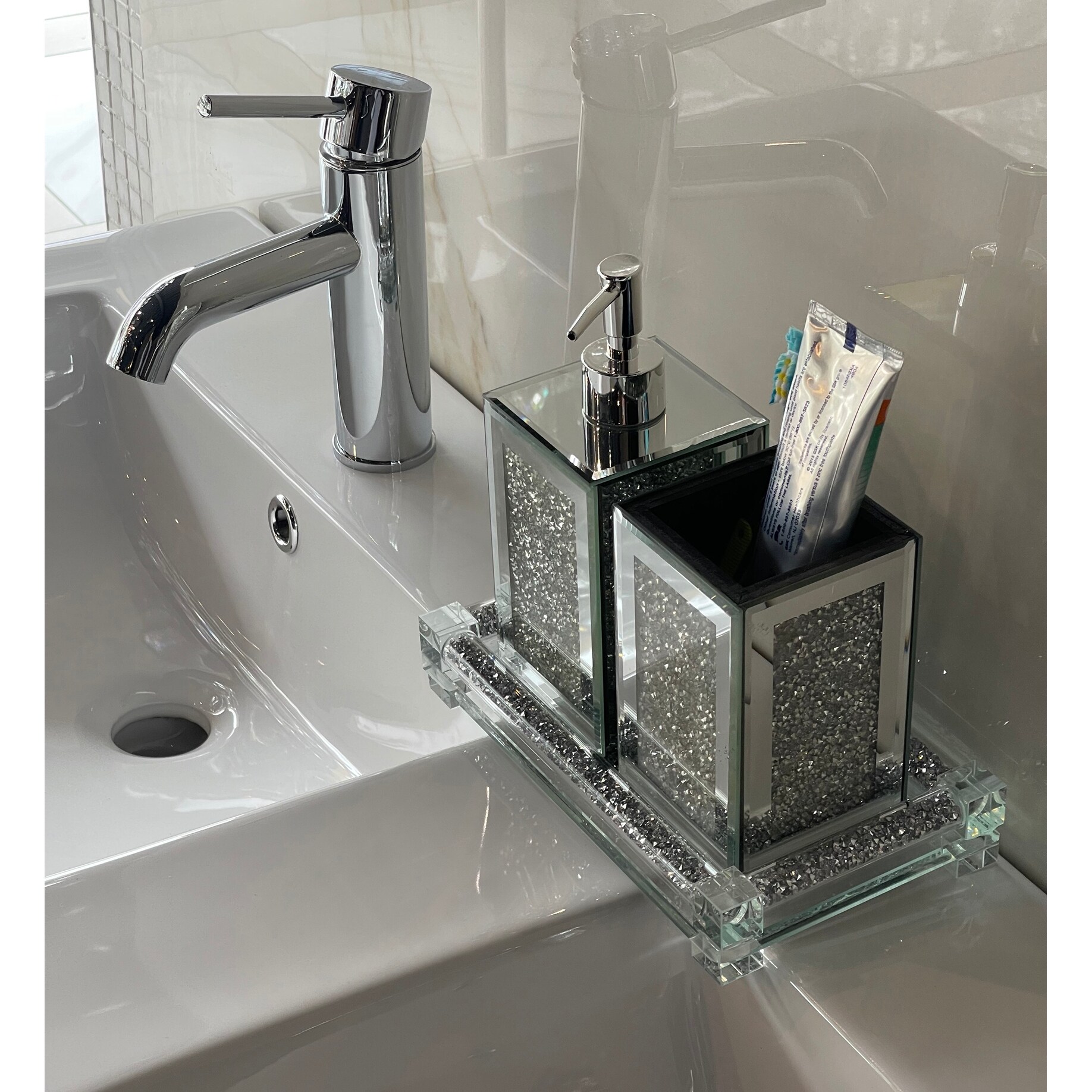 Bathroom Sink Accessories 3 Piece Set Toothbrush Holder Soap Dispenser Tray