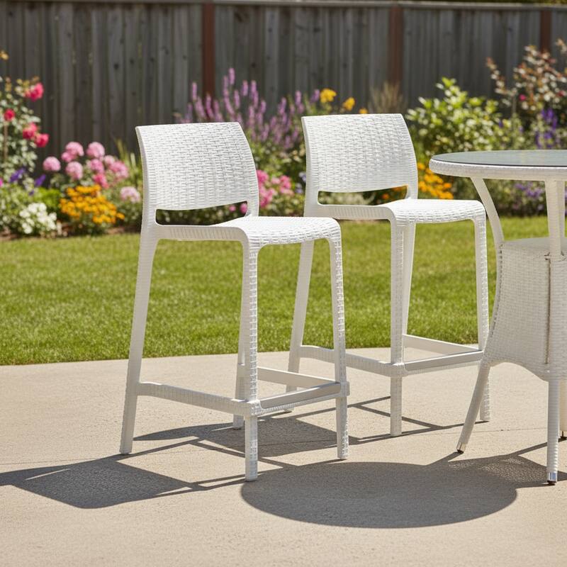 HomeRoots Set of Two 26" White Faux Rattan Low Back Outdoor Counter Height Bar Chairs