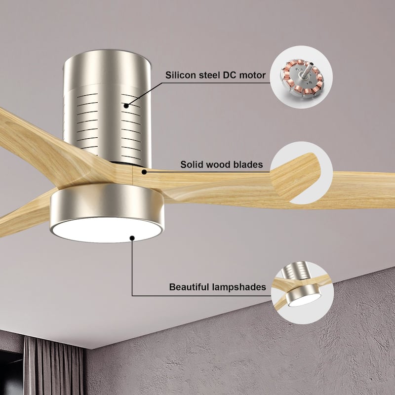 52 Inch Farmhouse Style Flush Mount Ceiling Fan with Light and Remote Control, Reversible DC Motor