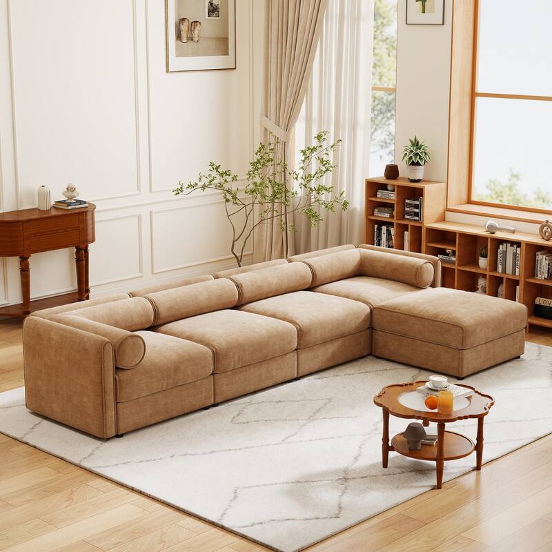 Modern Chenille 6-Seater Sofa with Ottoman Storage, Hidden Storage, Cylindrical Cushioned Arms and Backrest