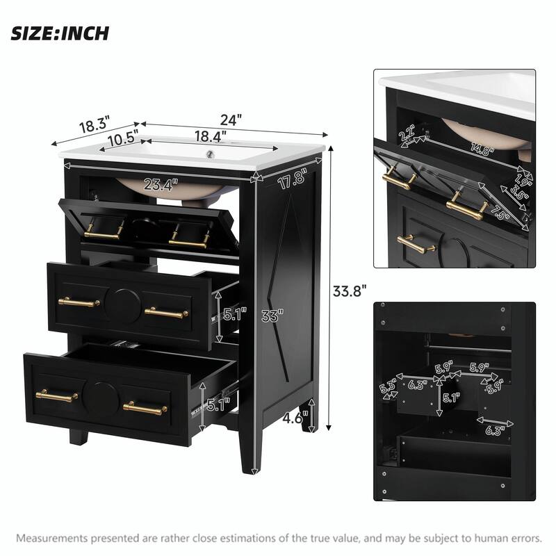 24" Bathroom Vanity with Ceramic Sink Combo, Free-Standing Single Vanity Set with 3 Drawers