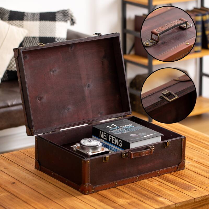 Vintiquewise Cherry Wooden Vintage-style Suitcase with Leather Trim - Exact Color