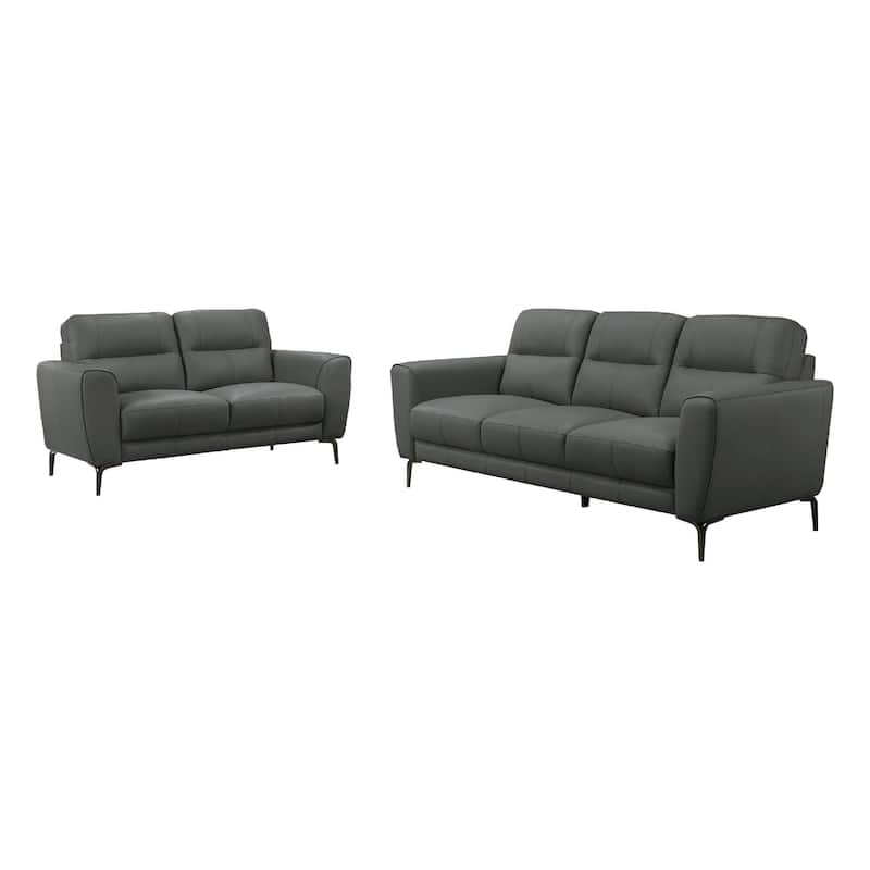 Hena 2pc Sofa and Loveseat Set, Black, Anthracite Gray Full Leather