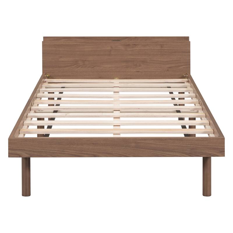 Brown Twin Washed Particle Board Platform Bed Frame with Built-in USB Ports