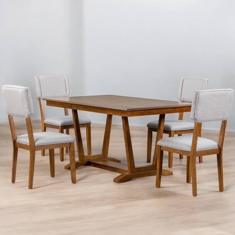 Rustic 5-Piece Dining Table Set with 4 Upholstered Chairs, 59" Rectangular Table with Trestle Base for Kitchen & Dining Room
