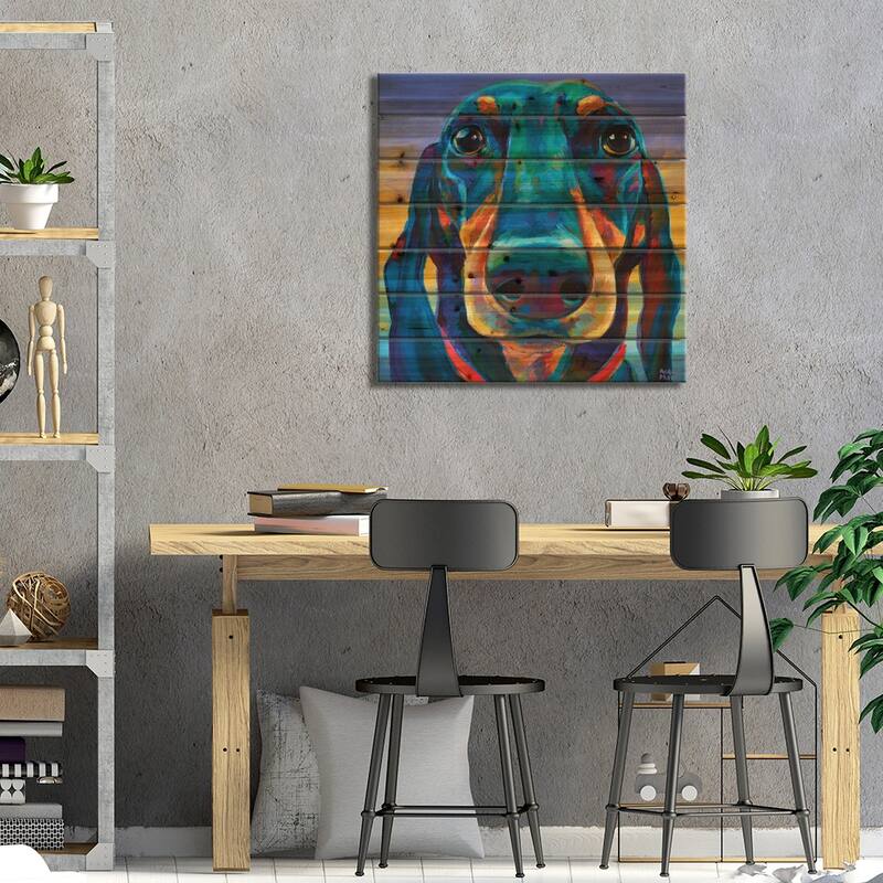 Gus The Dachshund Print On Wood by Robert Phelps - Multi-Color