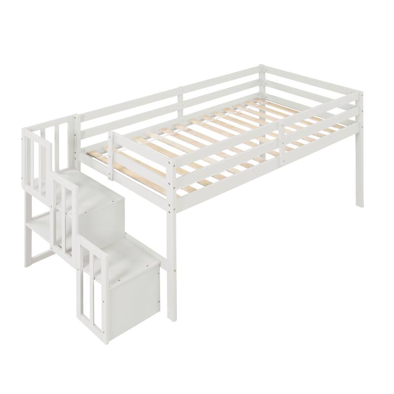 White Loft Bed with Staircase and Storage, Twin Size