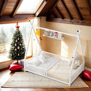 Kid Bed Frame House-Shaped Metal Twin Platform Bed with Triangle Structure and Guardrail