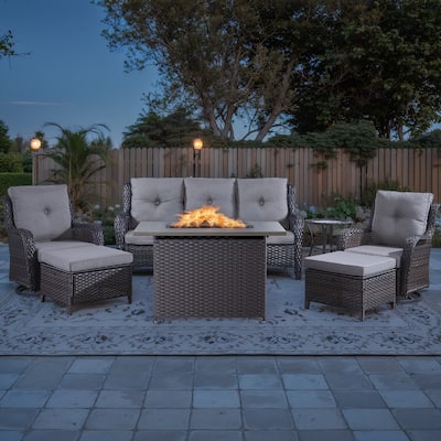 7 Pieces Outdoor Fire Pit Table with Sofa Chair Ottoman - Brown