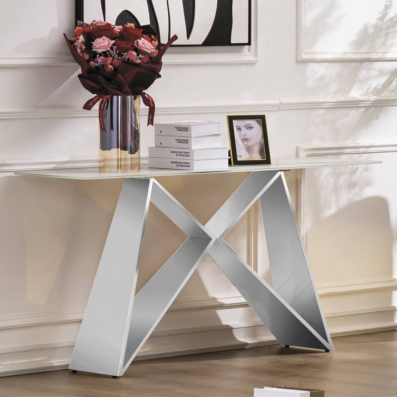 55 inch Rectangle White Glass Console Table with Mirrored M-Shaped Base - Silver