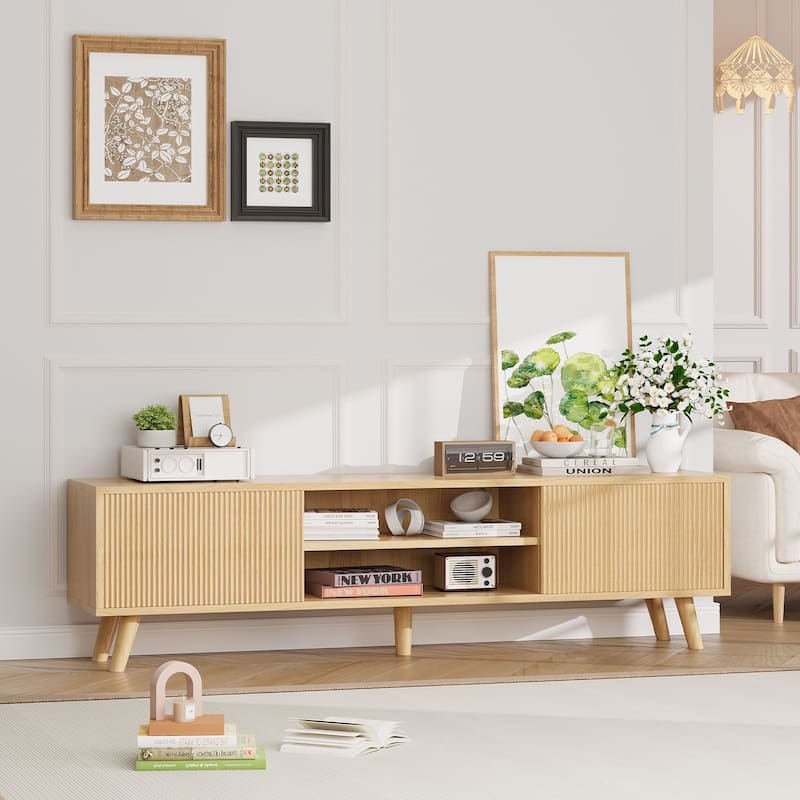Gymojoy 63" TV Stand for TVs Up to 75 Inches, Boho Entertainment Center with Fluted Sliding Doors & Shelves. - 63"W.