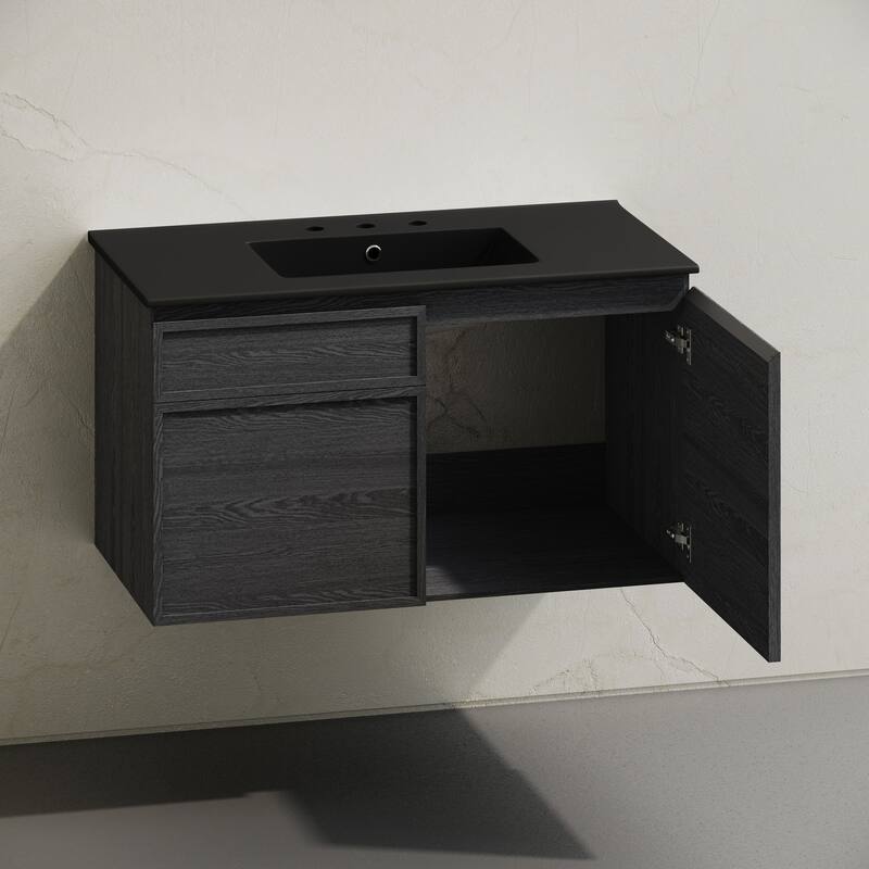 St. Tropez 36" Wall-Mounted Bathroom Vanity In Black Oak With Black 3-Hole Widespread Sink Top - 36