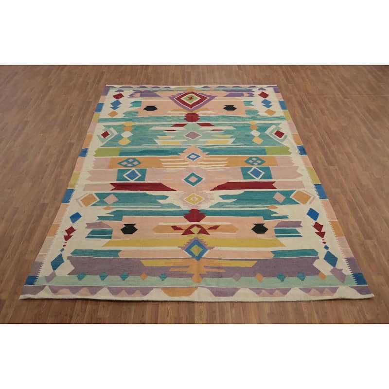 Hand Woven Oriental 100% Wool Carpet Southwestern Tribal Multi-Colored Kilim Area Rug - 11' 6'' X 8' 2''