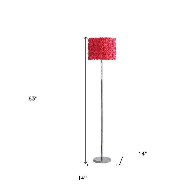 HomeRoots 63" Steel and Acrylic Floor Lamp With Red Flowers Fabric Drum Shade - 63 X 14 X 14