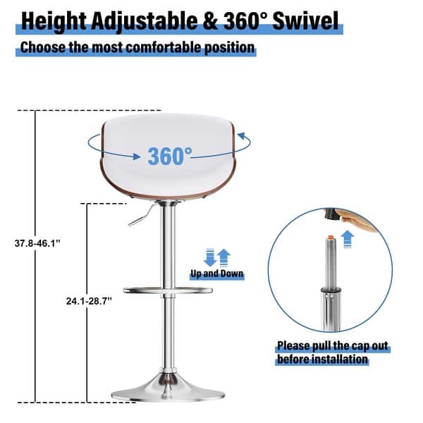 dimension image slide 6 of 12, Bar Stools Adjustable Height Swivel Faux Leather Armless Barstools
