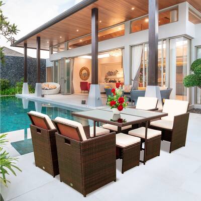 9 Pieces Patio Dining Sets Outdoor Rattan Chairs with Glass Table Patio Furniture Sets