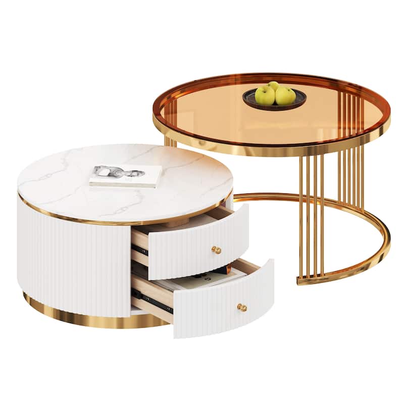 Modern 2 Pieces Round Nesting Coffee Table with Drawers and Brown Tempered Glass Top in 27.6"