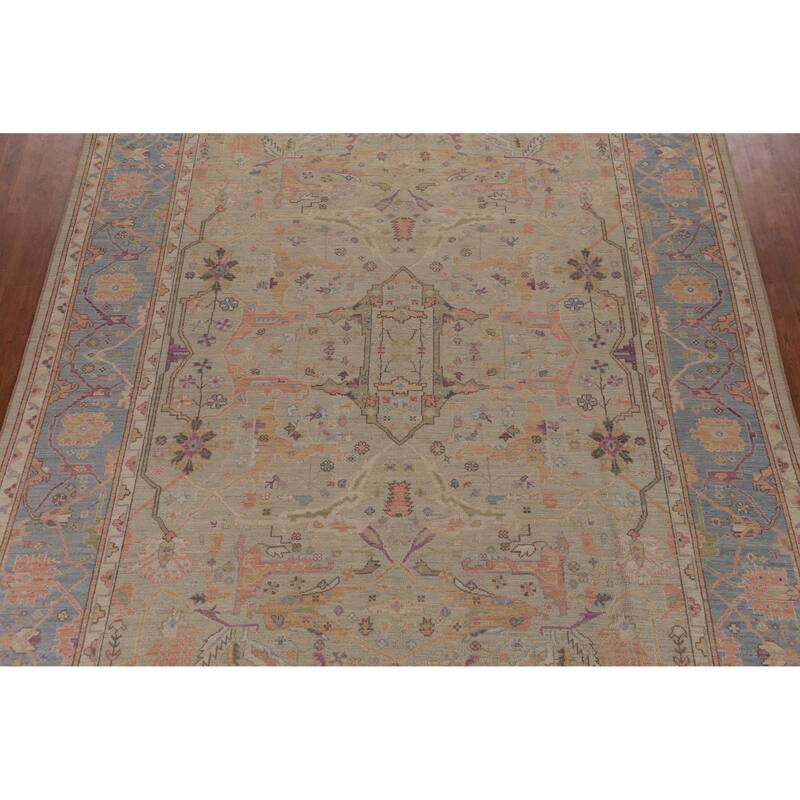 Hand Knotted Oriental 100% Wool Carpet Transitional All-Over Beige & Ivories Oushak Area Rug - 11' 9'' X 9' 1''